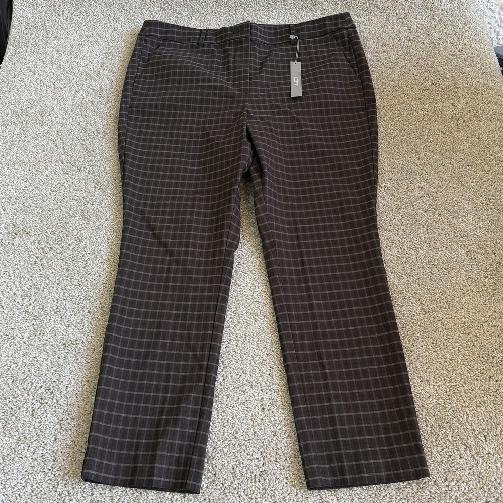 LOFT Dress Pants Womens 16P Brown Plaid Twill High Waist Skinny Stretch Workwear